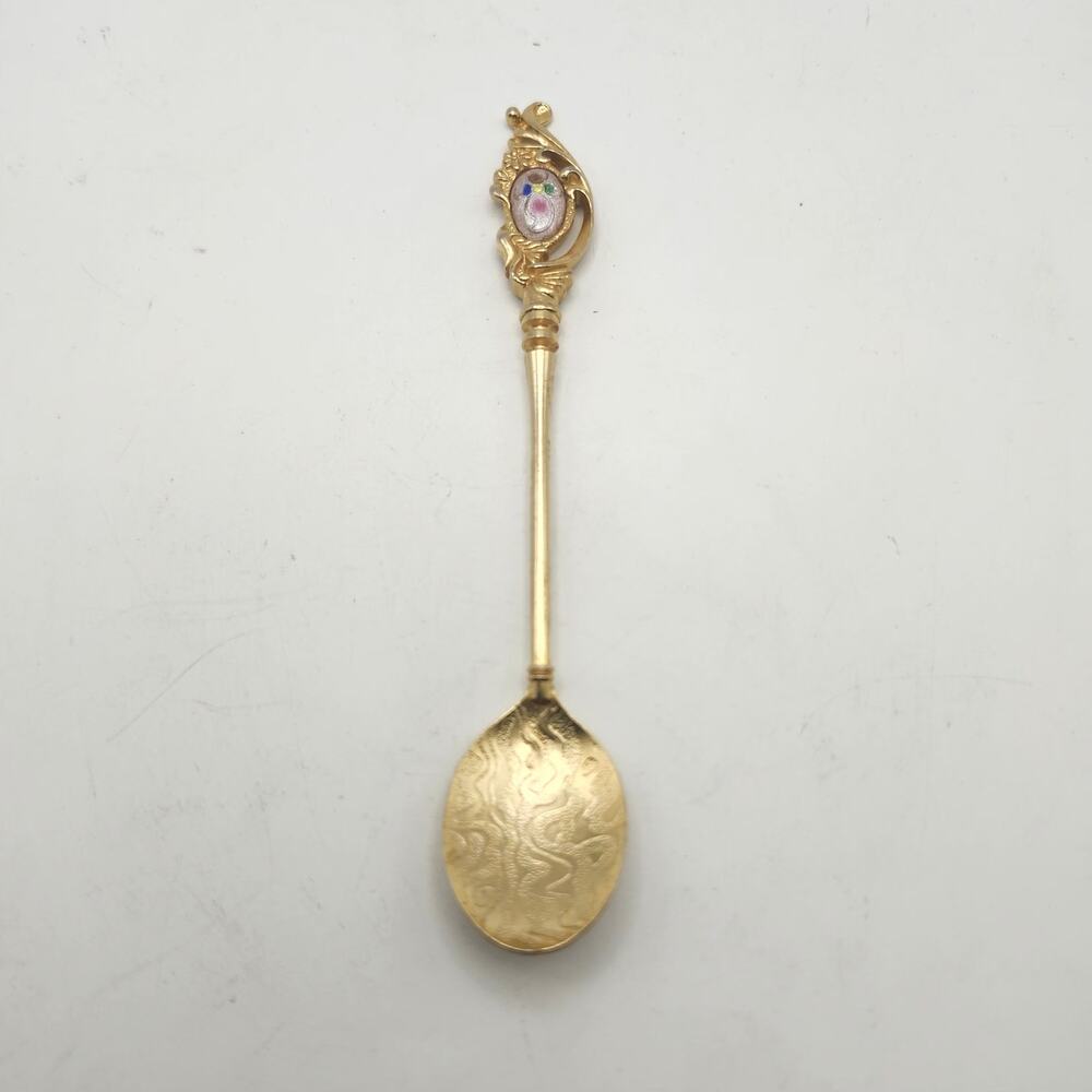 Elegance Gold Tone Floral Enamel Collector Spoon Openwork Etched Bowl 5.5 Inch